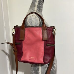 Fossil Emerson Pink and Brown Leather Satchel Convertible Bag Purse